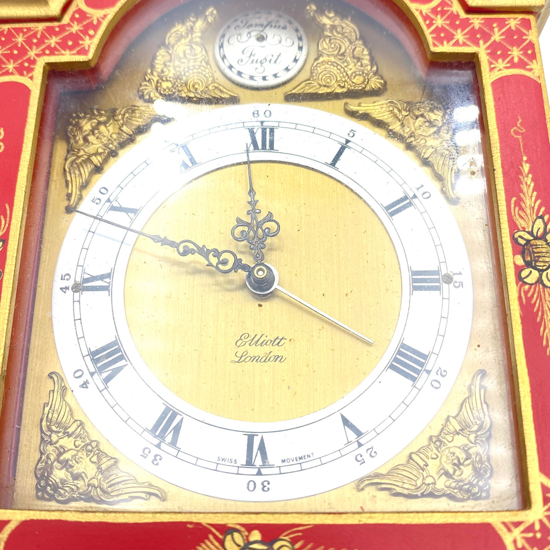 u423 Elliott London Chinoiserie Bracket Clock Red Cinnabar Gold Hand Paint Alarm