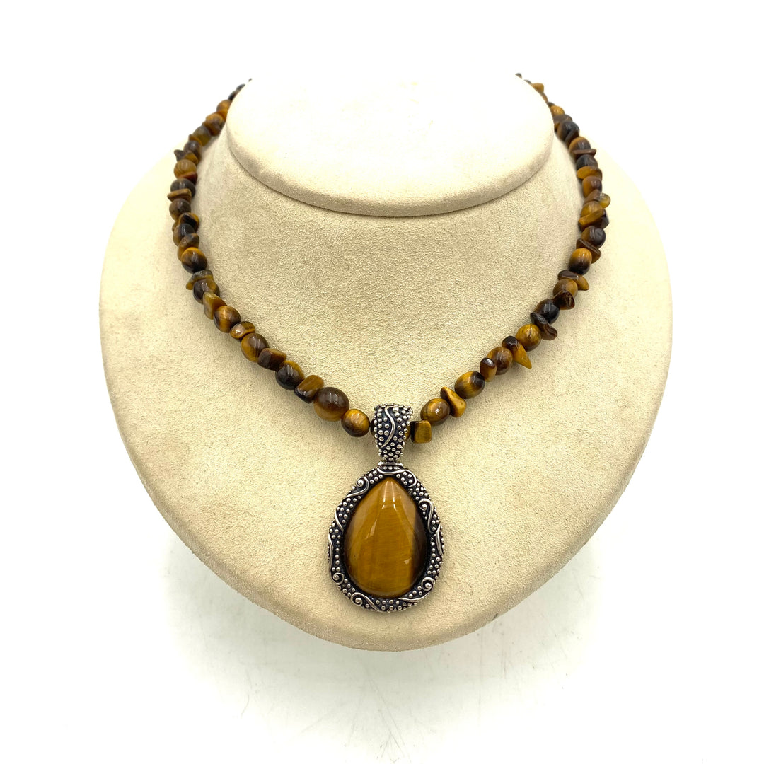 u449 Vintage Sterling Silver 925  Necklace 16" Long Tiger's Eye Stones Pendant