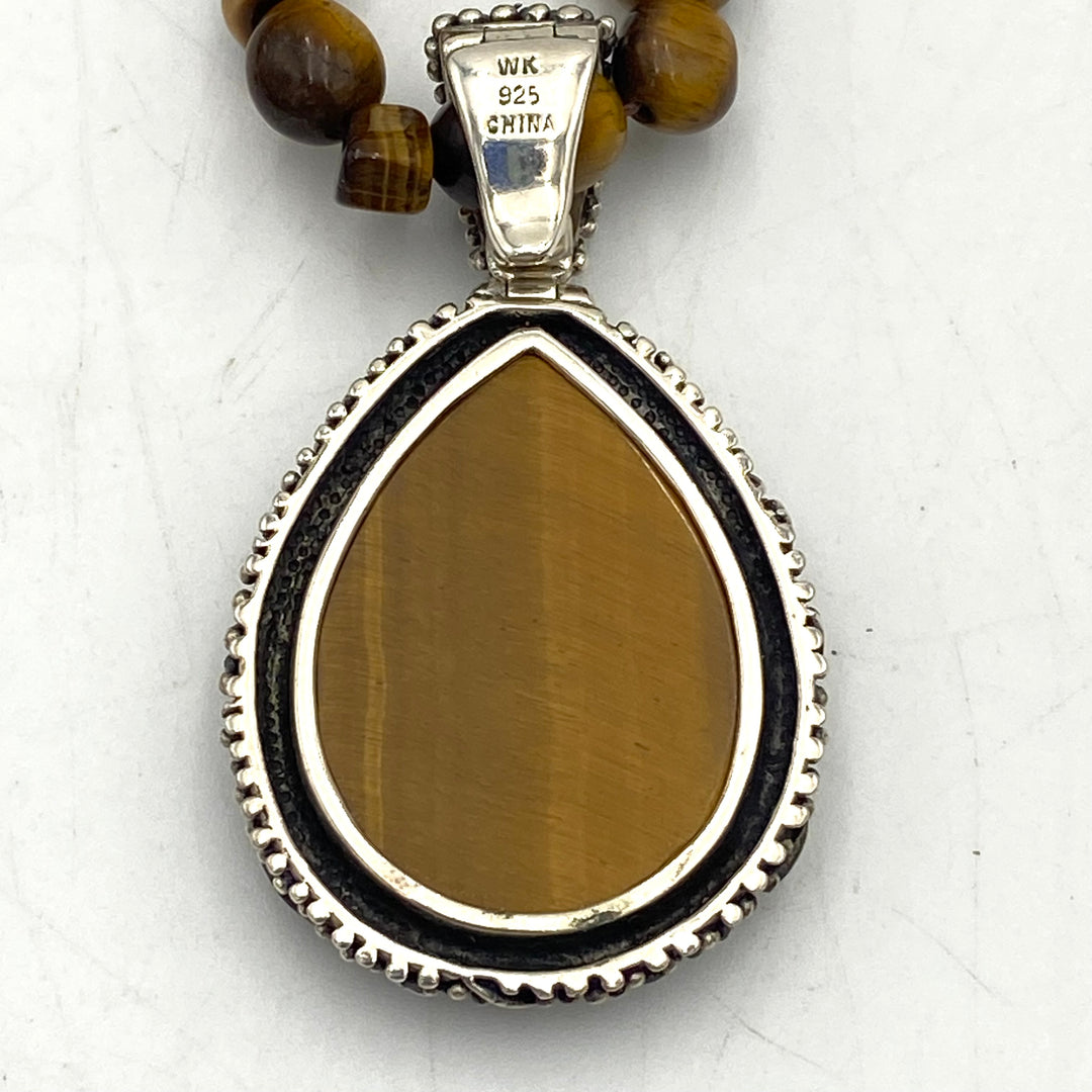 u449 Vintage Sterling Silver 925  Necklace 16" Long Tiger's Eye Stones Pendant
