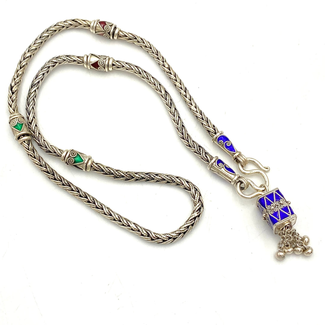 u450 Vintage Sterling Silver 925 Necklace 19" Long Blue Green Red Enamel Pendant