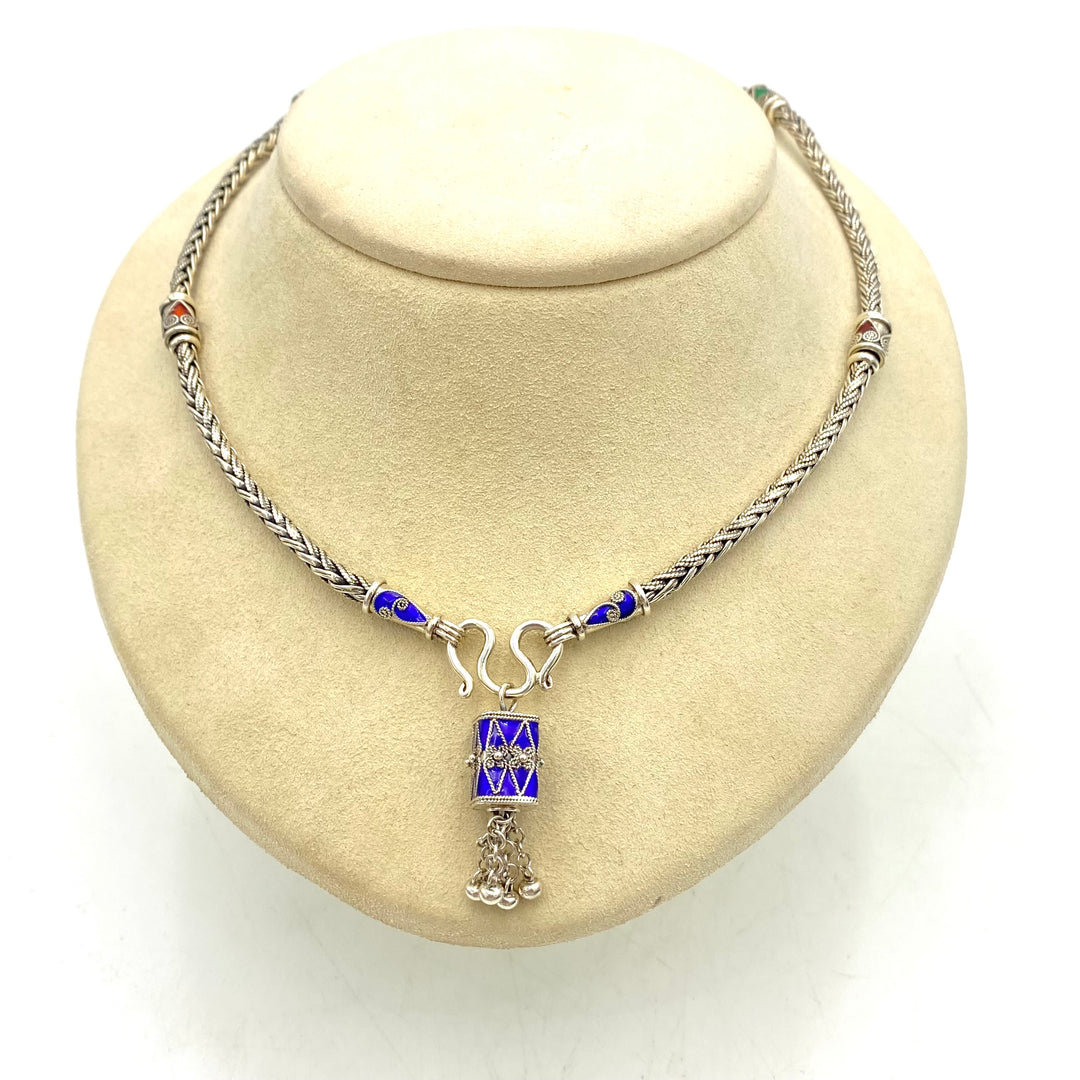 u450 Vintage Sterling Silver 925 Necklace 19" Long Blue Green Red Enamel Pendant