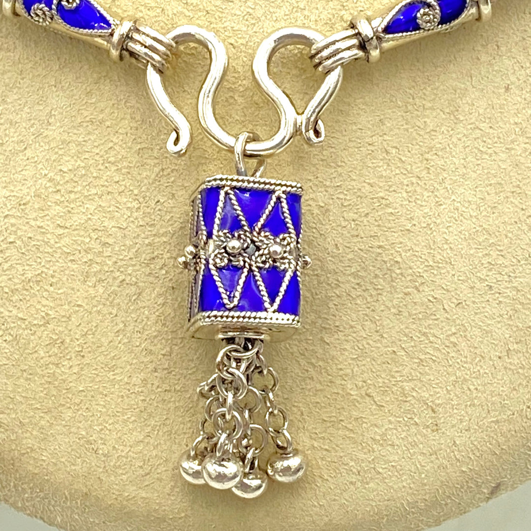 u450 Vintage Sterling Silver 925 Necklace 19" Long Blue Green Red Enamel Pendant