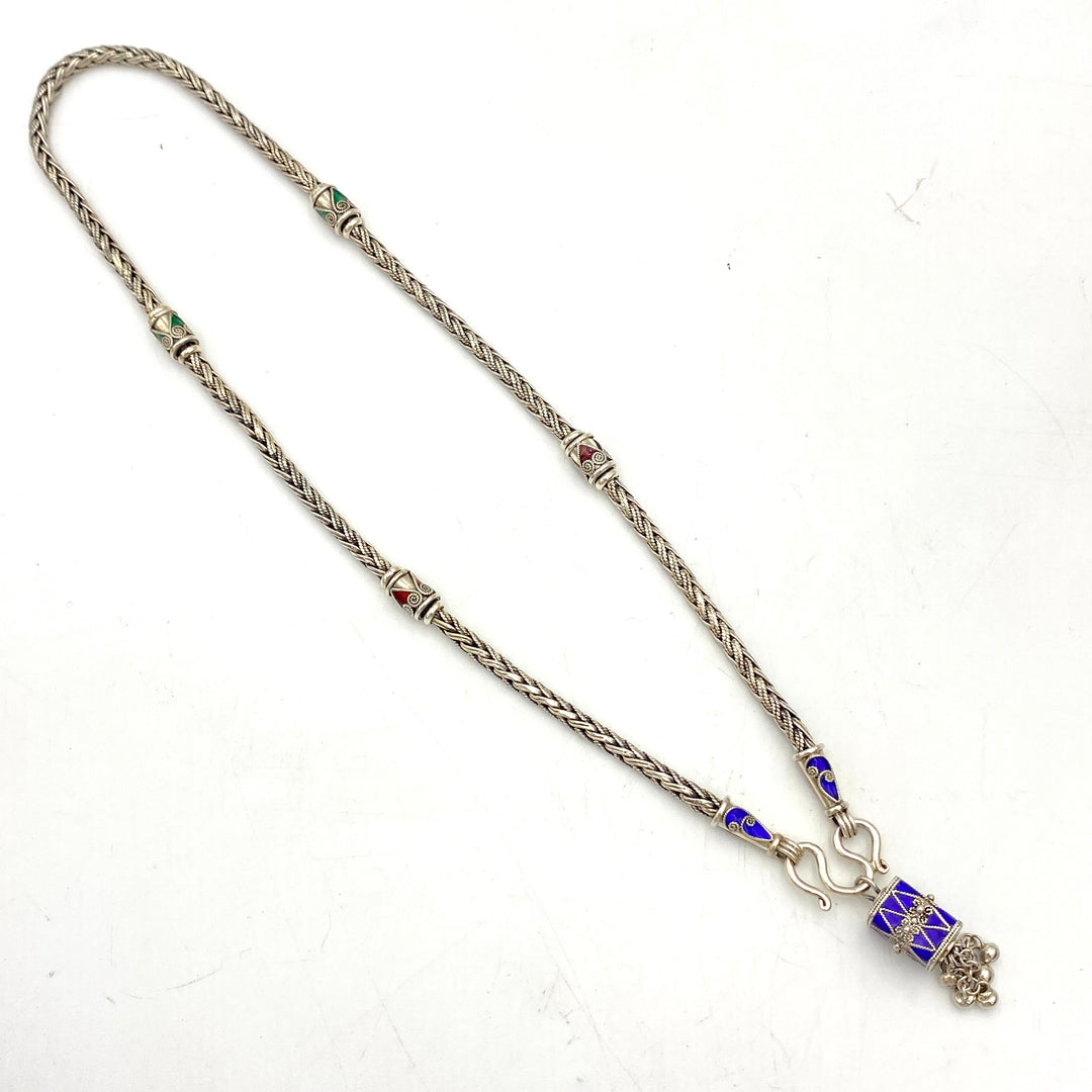 u450 Vintage Sterling Silver 925 Necklace 19" Long Blue Green Red Enamel Pendant