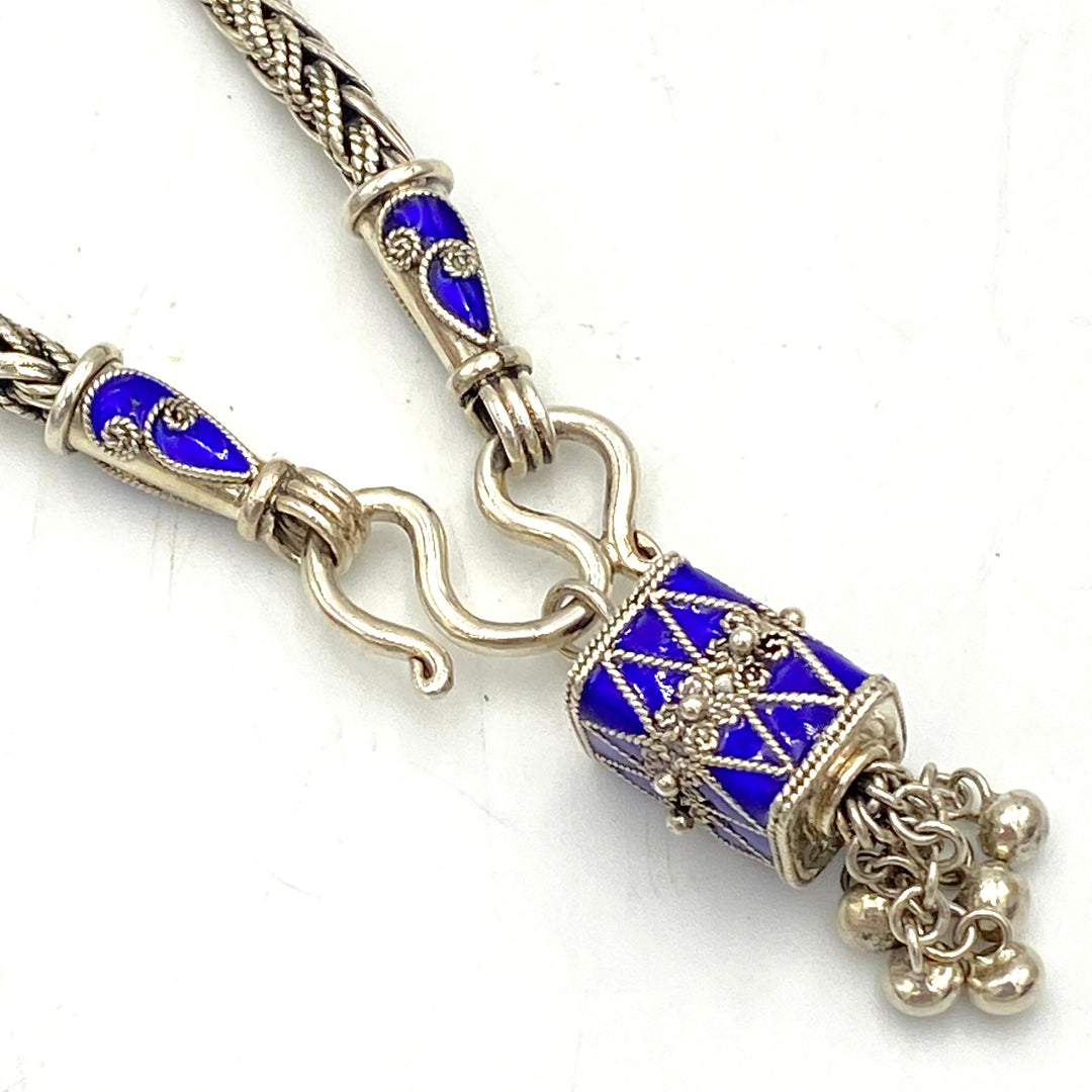 u450 Vintage Sterling Silver 925 Necklace 19" Long Blue Green Red Enamel Pendant