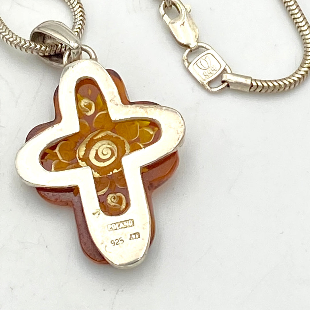 u454 Vintage Sterling Silver 925 Necklace 16" Long Carved Amber Cross Pendant