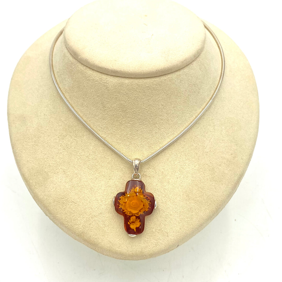 u454 Vintage Sterling Silver 925 Necklace 16" Long Carved Amber Cross Pendant