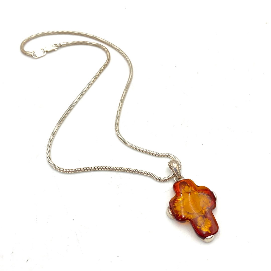 u454 Vintage Sterling Silver 925 Necklace 16" Long Carved Amber Cross Pendant