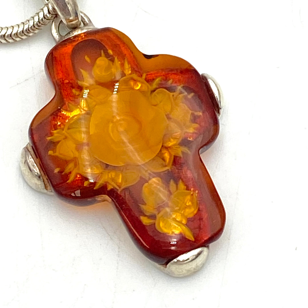 u454 Vintage Sterling Silver 925 Necklace 16" Long Carved Amber Cross Pendant