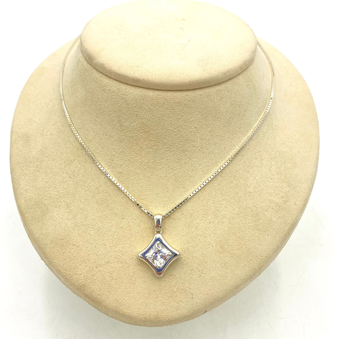 u455 Vintage Sterling Silver 925 Necklace 18" Princess Wedding Crystal Pendant