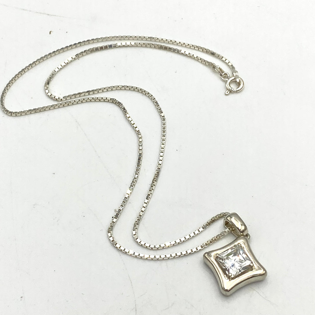 u455 Vintage Sterling Silver 925 Necklace 18" Princess Wedding Crystal Pendant