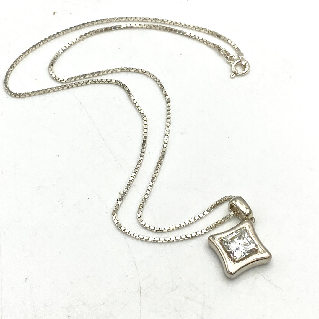 u455 Vintage Sterling Silver 925 Necklace 18" Princess Wedding Crystal Pendant