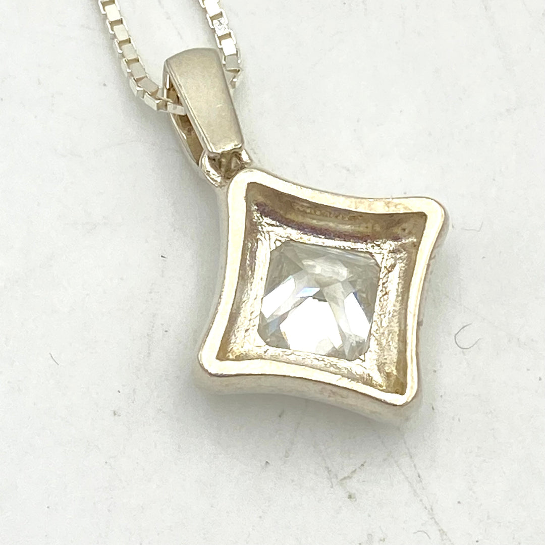 u455 Vintage Sterling Silver 925 Necklace 18" Princess Wedding Crystal Pendant