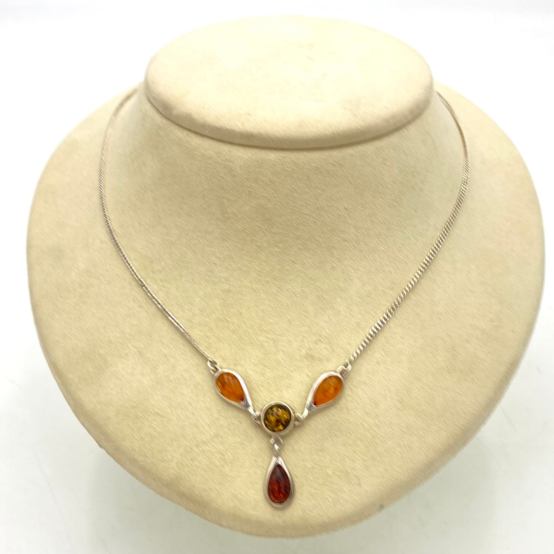 u456 Vintage Sterling Silver 925 Necklace 17" Amber Teardrop Charm Pendant