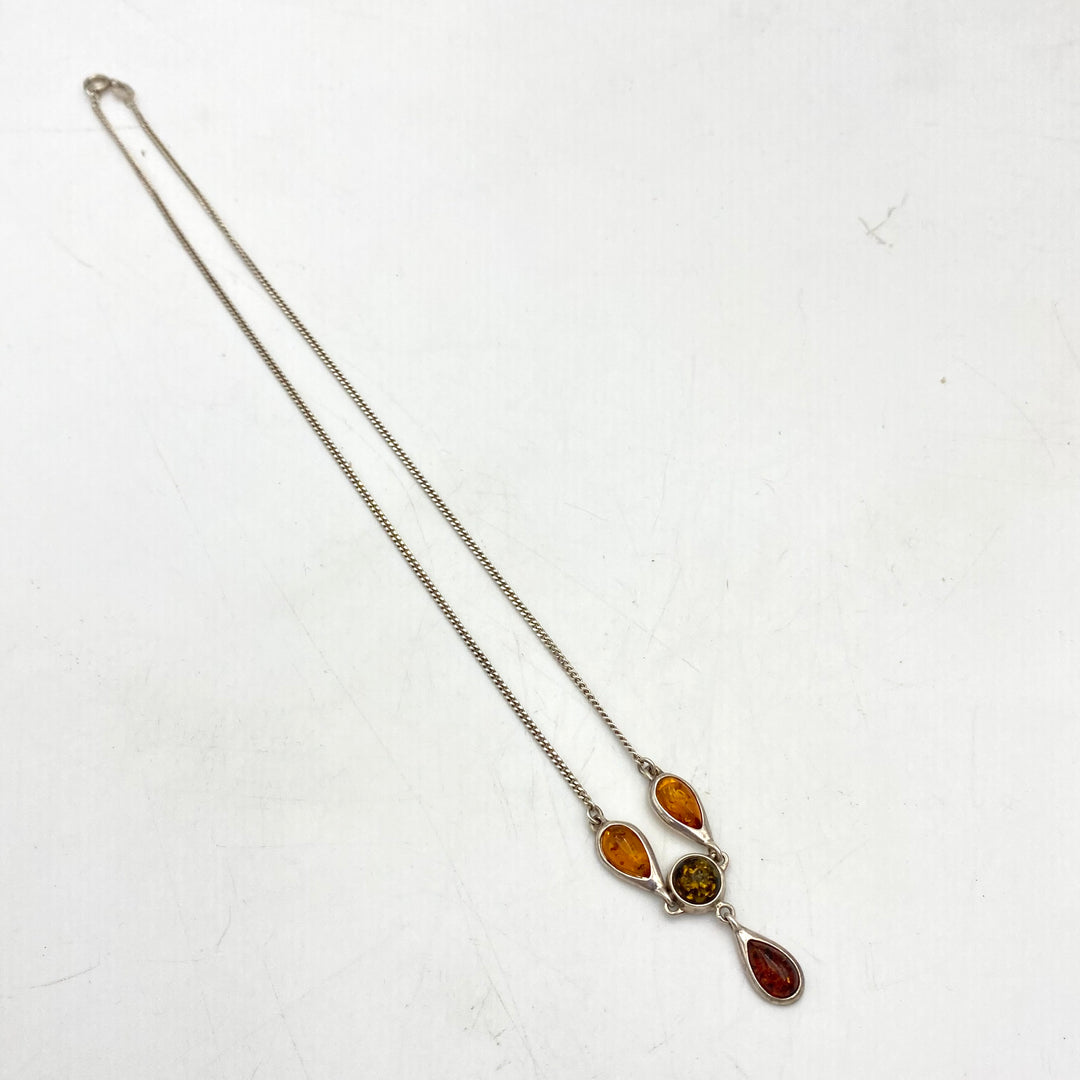 u456 Vintage Sterling Silver 925 Necklace 17" Amber Teardrop Charm Pendant