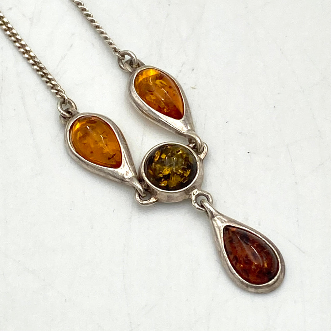 u456 Vintage Sterling Silver 925 Necklace 17" Amber Teardrop Charm Pendant