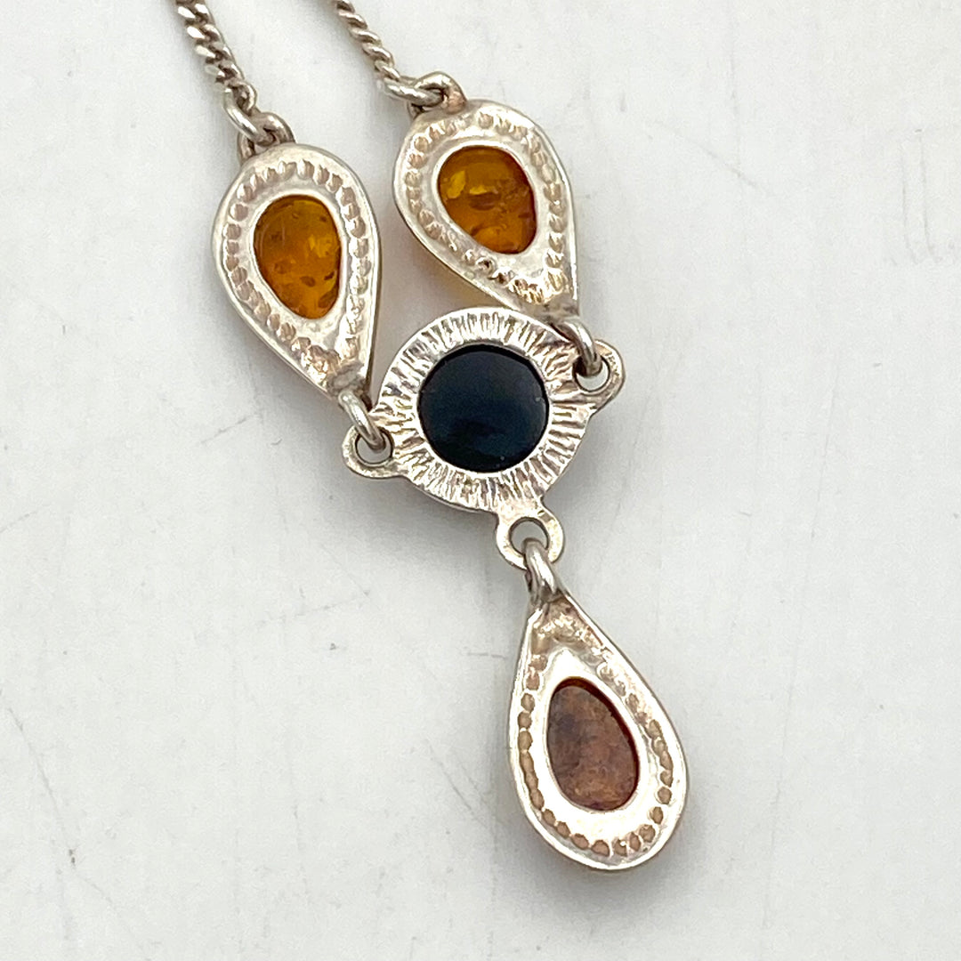 u456 Vintage Sterling Silver 925 Necklace 17" Amber Teardrop Charm Pendant