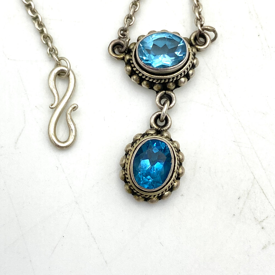 u457 Vintage Sterling Silver 925 BA Necklace 17" Blue Stone Charm Pendant