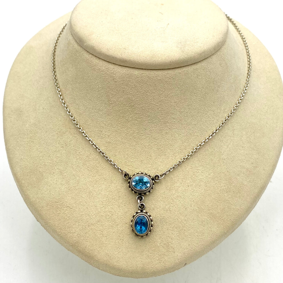 u457 Vintage Sterling Silver 925 BA Necklace 17" Blue Stone Charm Pendant