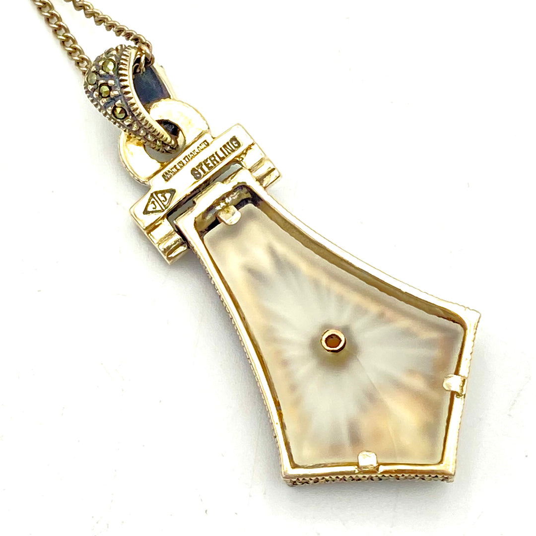 m047 Vintage Sterling Silver Chain Necklace 24" Unique Marcasite Pendant Charm