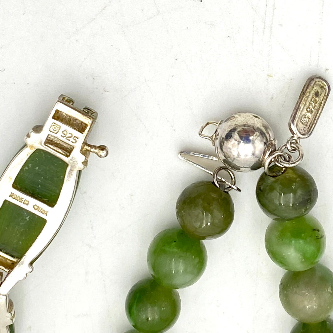 u477 Vintage Sterling Silver 925  Green Nephrite Necklace 24" Long & Bracelet 7"