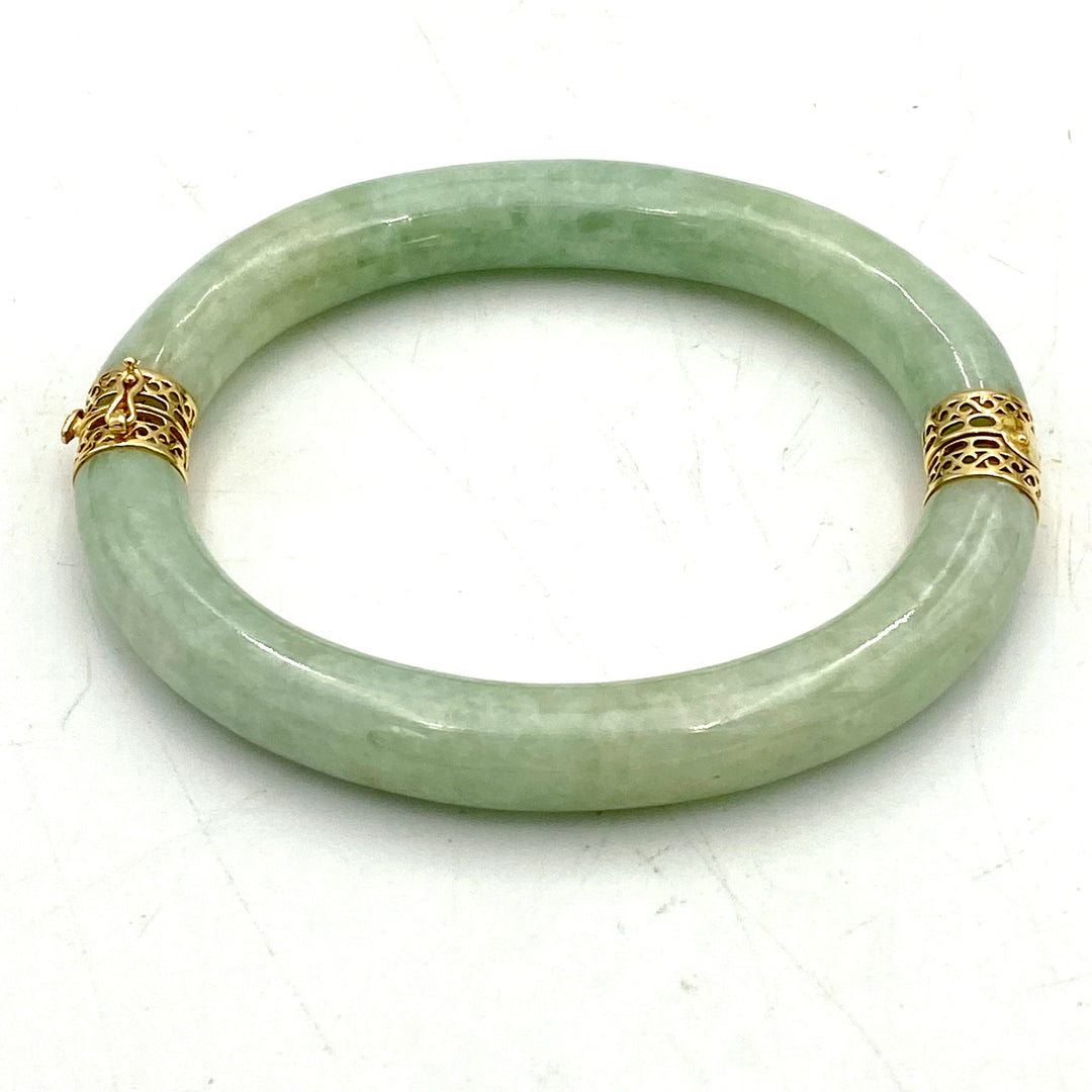 u478 Vintage 14K Yellow Gold Genuine Jadeite Bangle Bracelet 9" Long