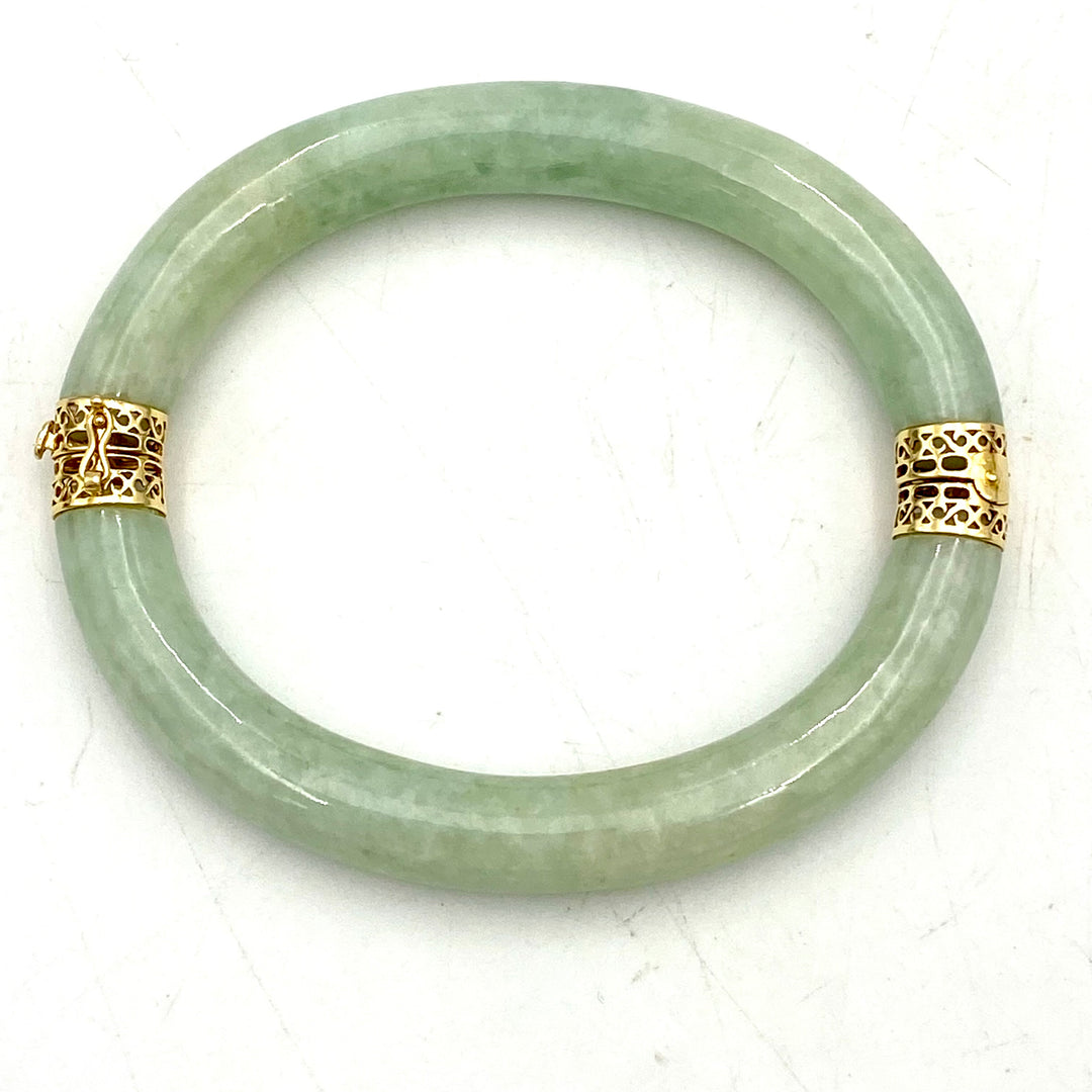u478 Vintage 14K Yellow Gold Genuine Jadeite Bangle Bracelet 9" Long