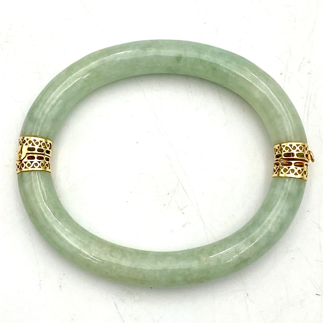 u478 Vintage 14K Yellow Gold Genuine Jadeite Bangle Bracelet 9" Long