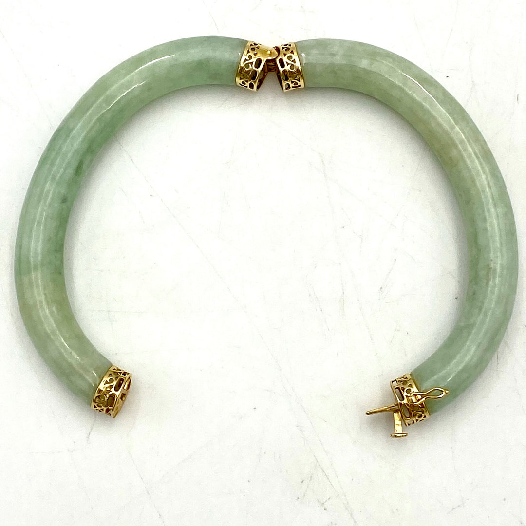 u478 Vintage 14K Yellow Gold Genuine Jadeite Bangle Bracelet 9" Long