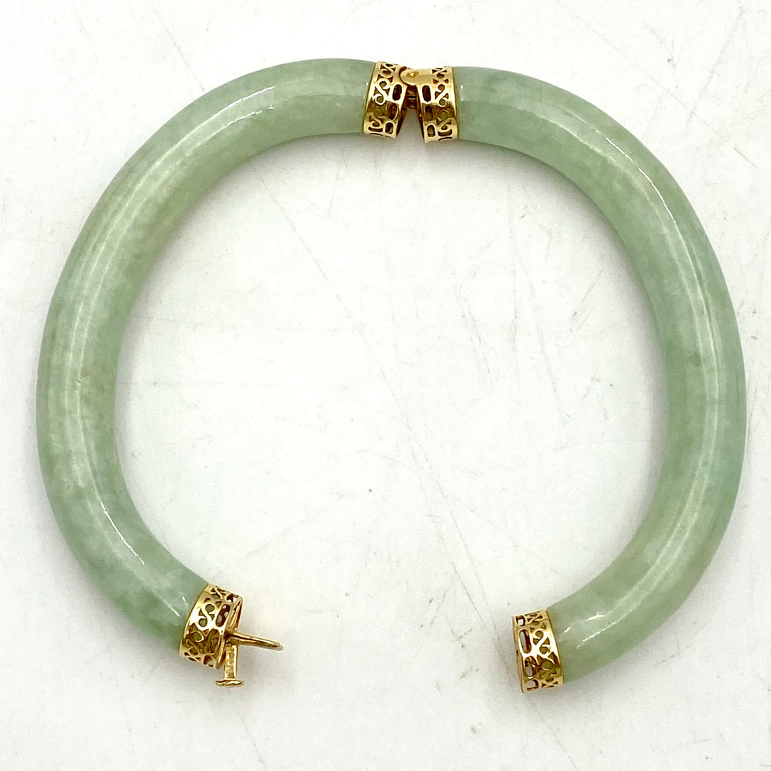 u478 Vintage 14K Yellow Gold Genuine Jadeite Bangle Bracelet 9" Long