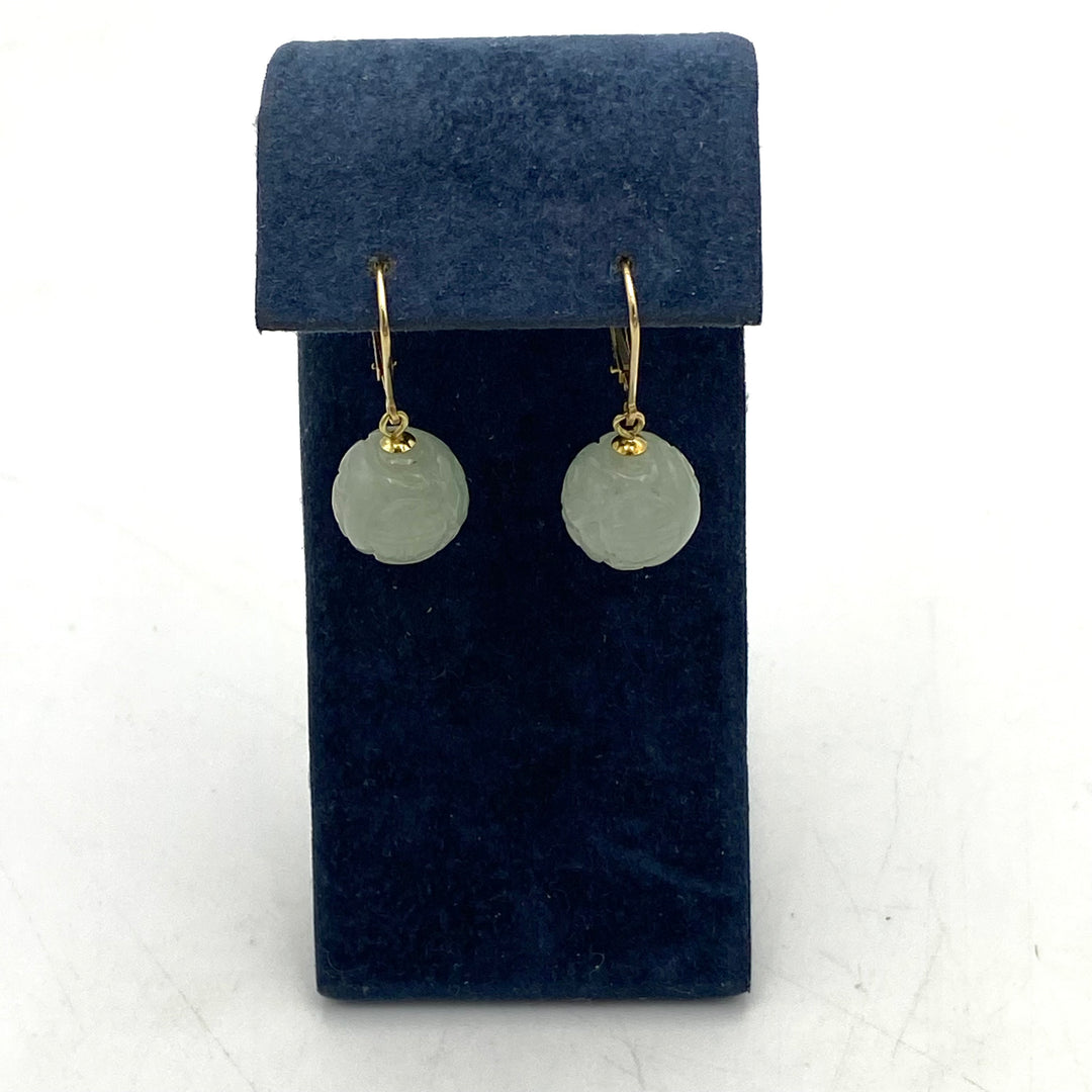 u482 Vintage 14K Yellow Gold Genuine Oriental Carved Jade Drop Earrings