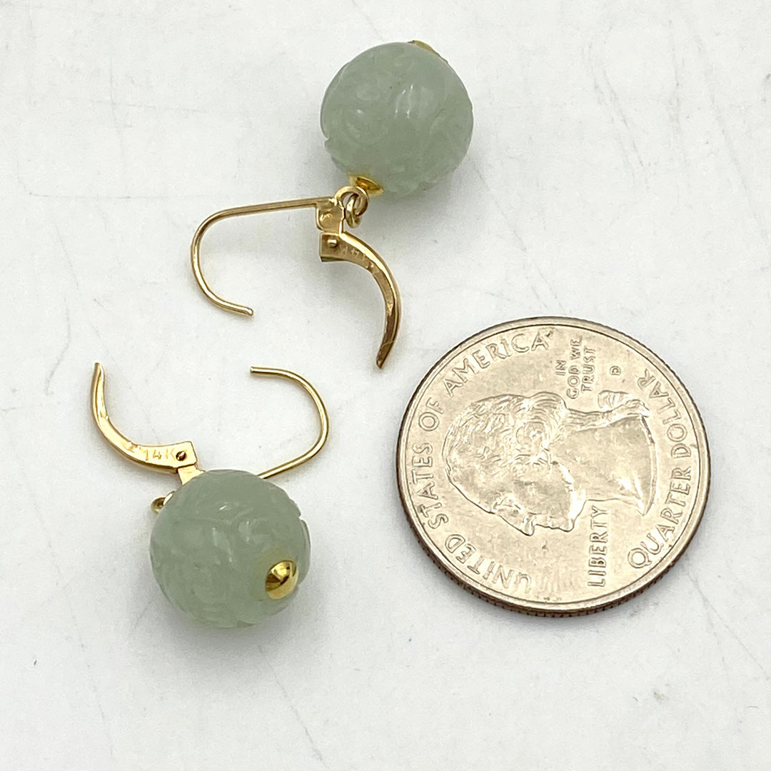 u482 Vintage 14K Yellow Gold Genuine Oriental Carved Jade Drop Earrings