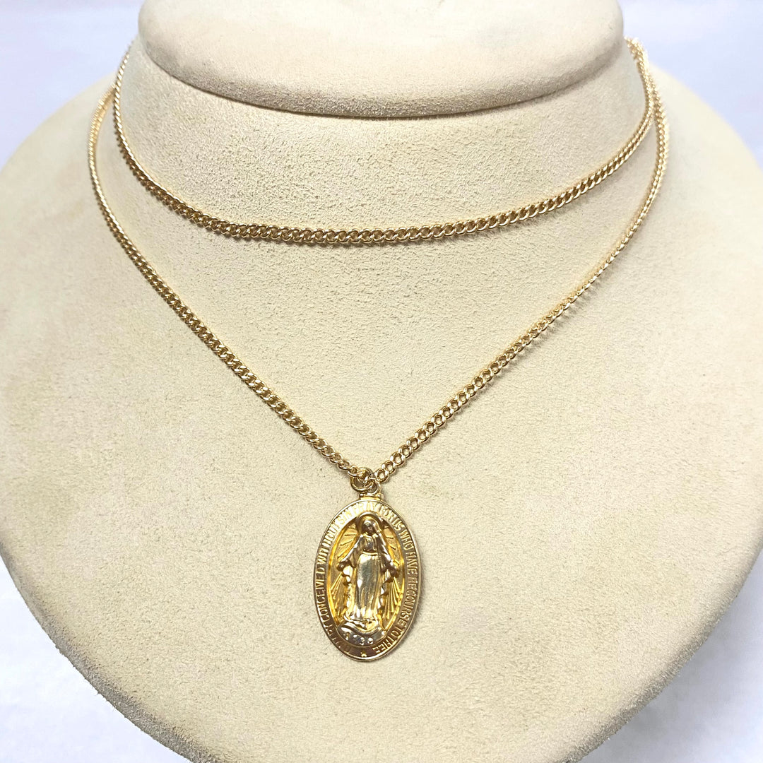 u488 Vintage 14K Yellow Gold 26" Link Chain Necklace 14K YG Virgin Mary Pendant
