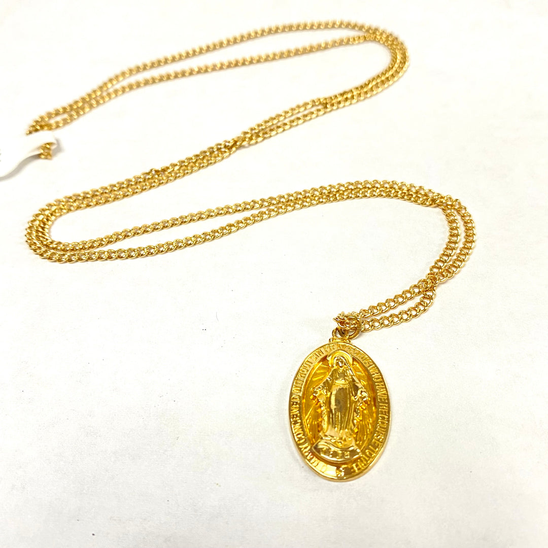 u488 Vintage 14K Yellow Gold 26" Link Chain Necklace 14K YG Virgin Mary Pendant