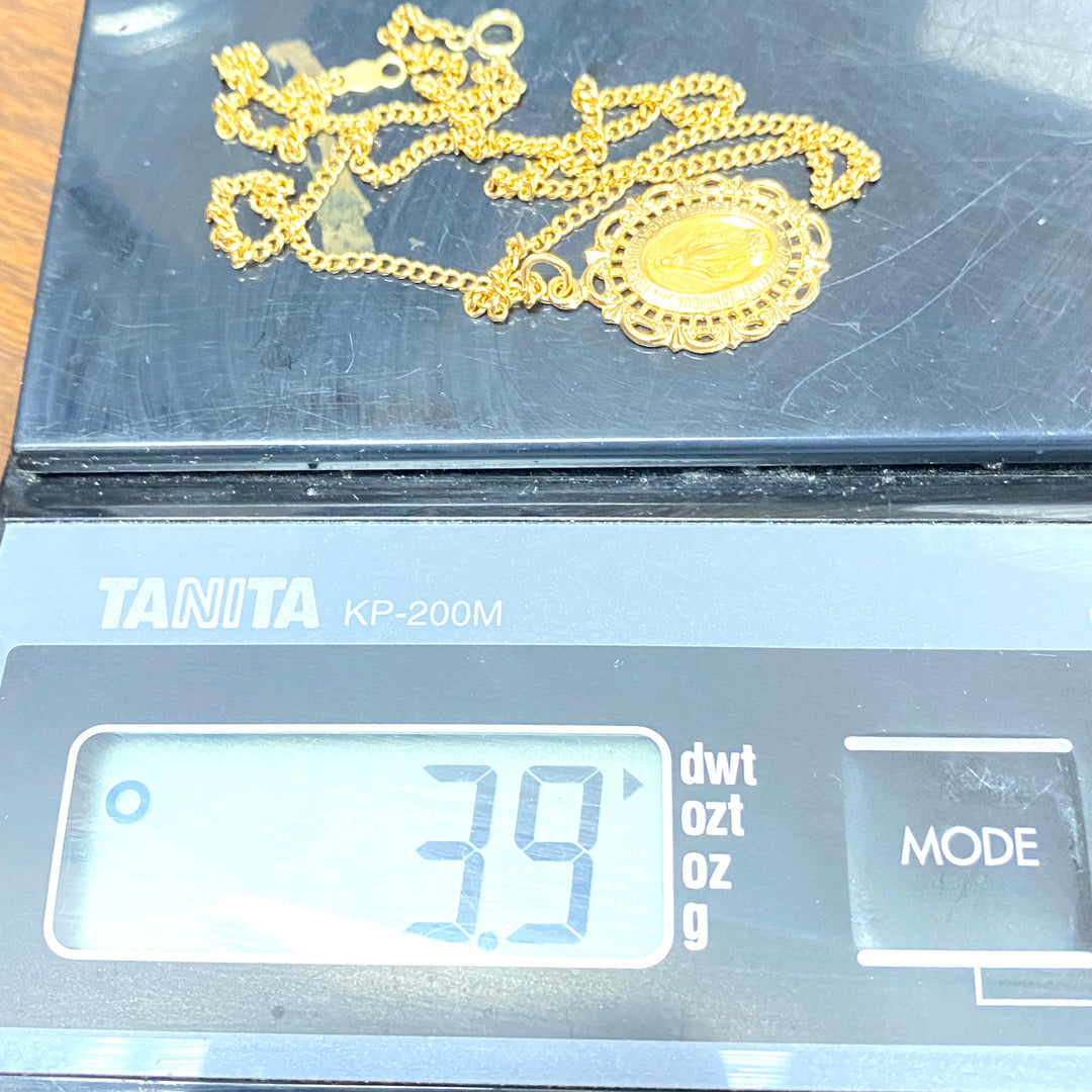 u489 Vintage 14K Yellow Gold 18" Link Chain Necklace 14K YG Virgin Mary Pendant