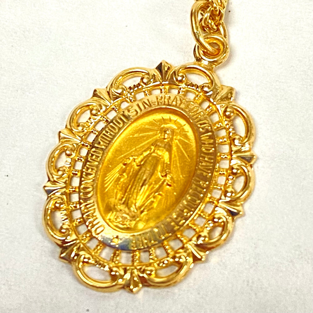 u489 Vintage 14K Yellow Gold 18" Link Chain Necklace 14K YG Virgin Mary Pendant