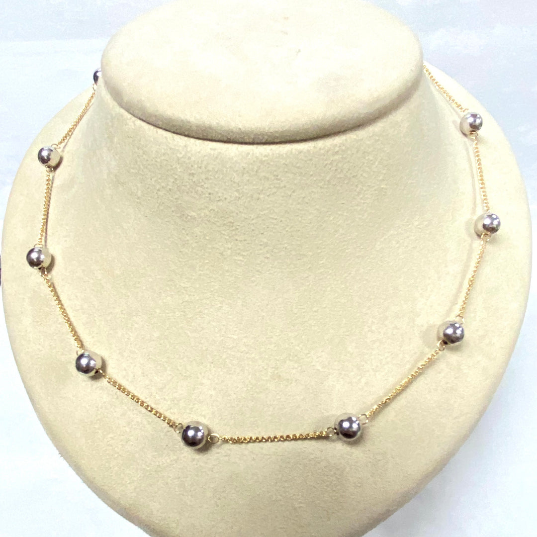 u492 Vintage 18K Yellow Gold Link Chain Necklace 18" Long 18K White Gold Beads