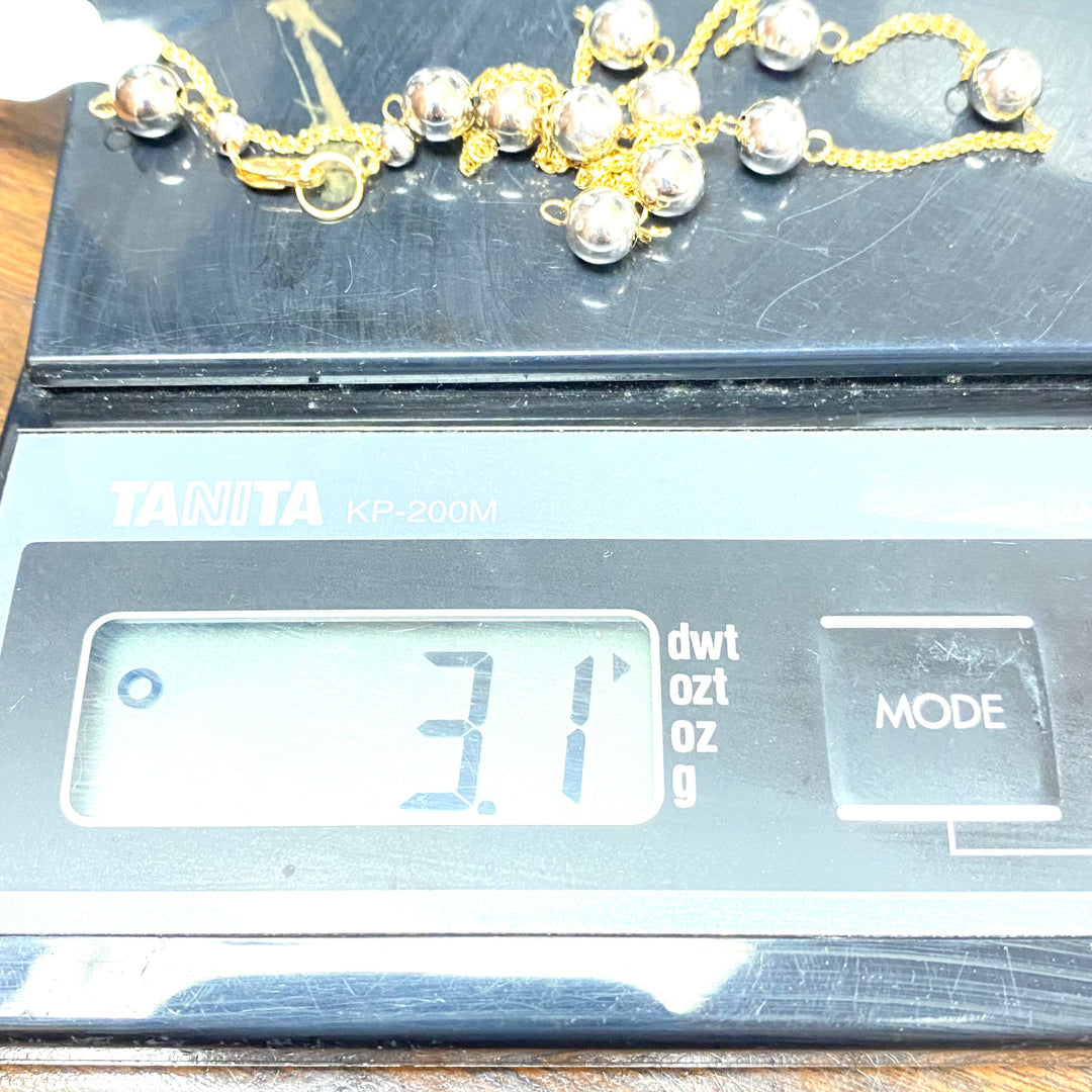 u492 Vintage 18K Yellow Gold Link Chain Necklace 18" Long 18K White Gold Beads