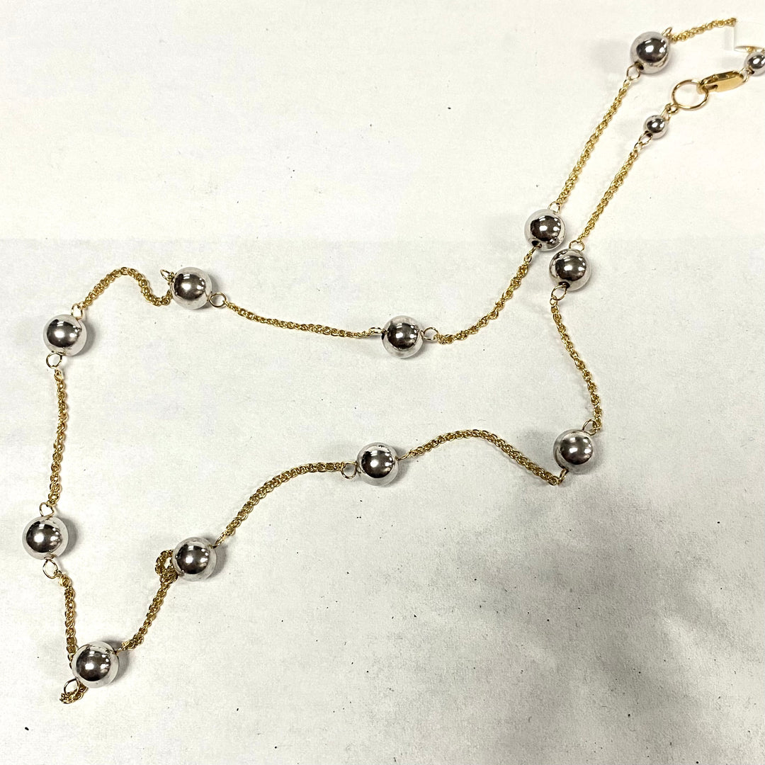 u492 Vintage 18K Yellow Gold Link Chain Necklace 18" Long 18K White Gold Beads