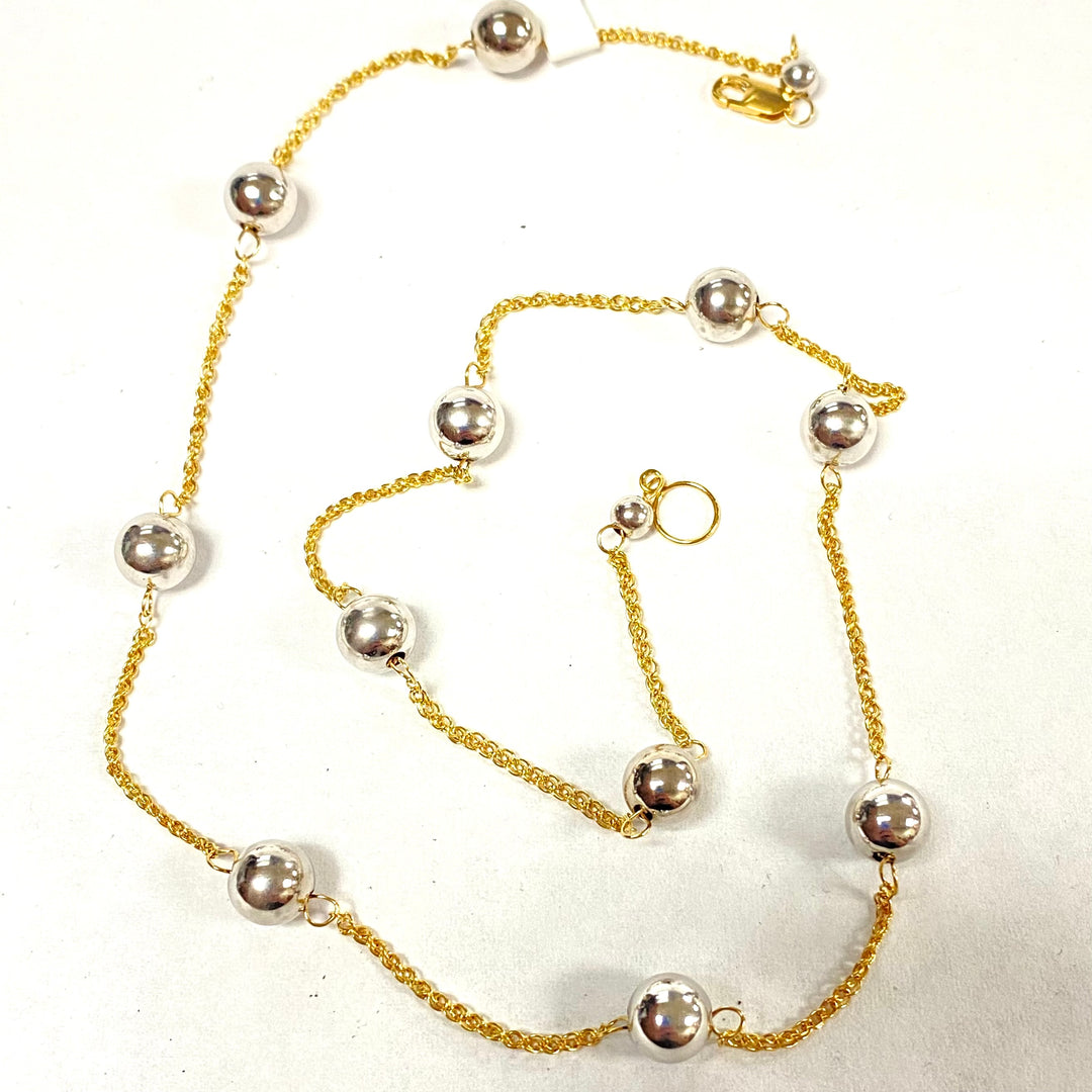 u492 Vintage 18K Yellow Gold Link Chain Necklace 18" Long 18K White Gold Beads