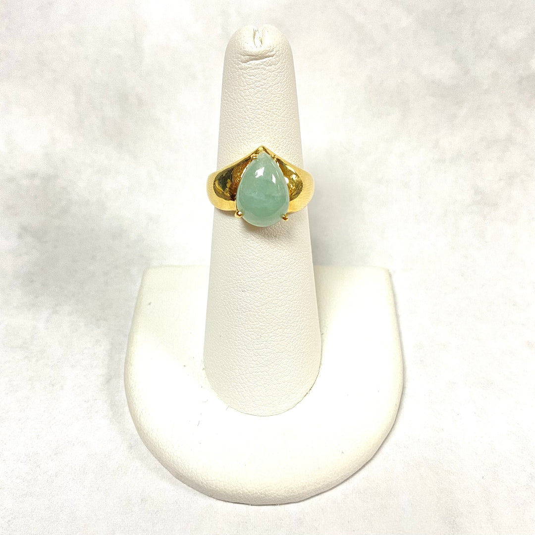 u499 Vintage 14k Yellow Gold Teardrop Green Jadeite Gemstone Ring Sz 6