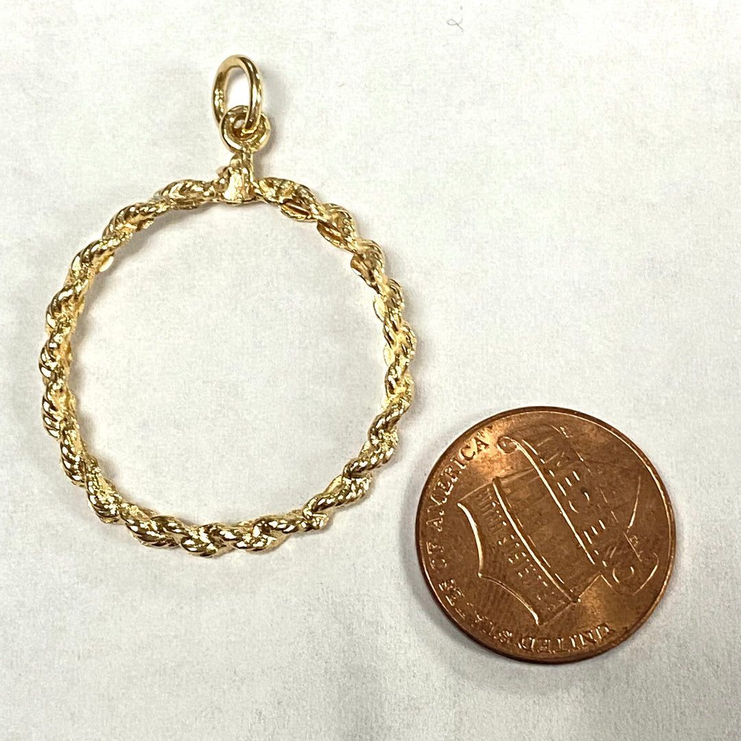 u502 Vintage 14k Yellow Gold Rope Coin Bezel Elegant Pendant Charm