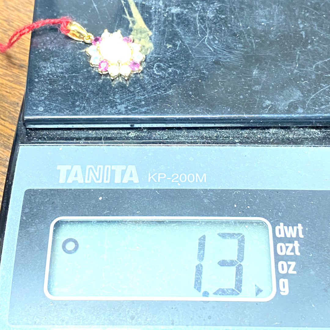 u506 Vintage 14k Yellow Gold Opal Rubellite Genuine Stones Flower Pendant Charm