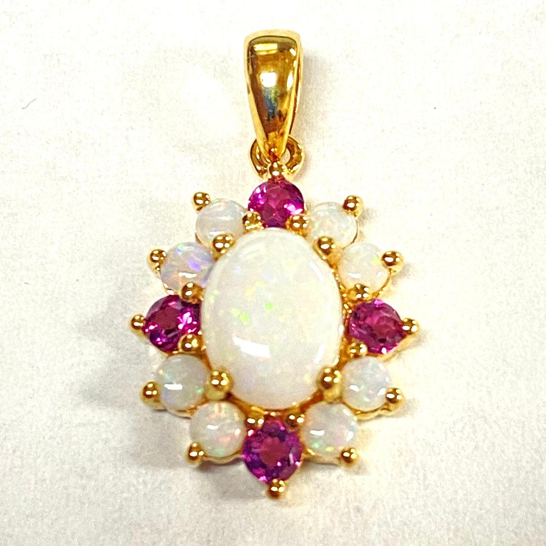 u506 Vintage 14k Yellow Gold Opal Rubellite Genuine Stones Flower Pendant Charm