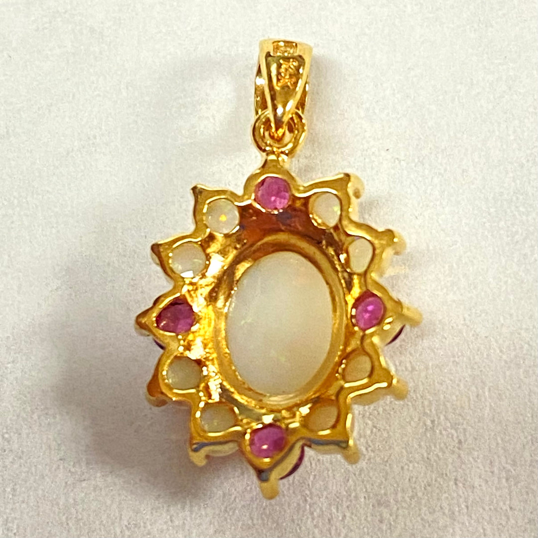 u506 Vintage 14k Yellow Gold Opal Rubellite Genuine Stones Flower Pendant Charm