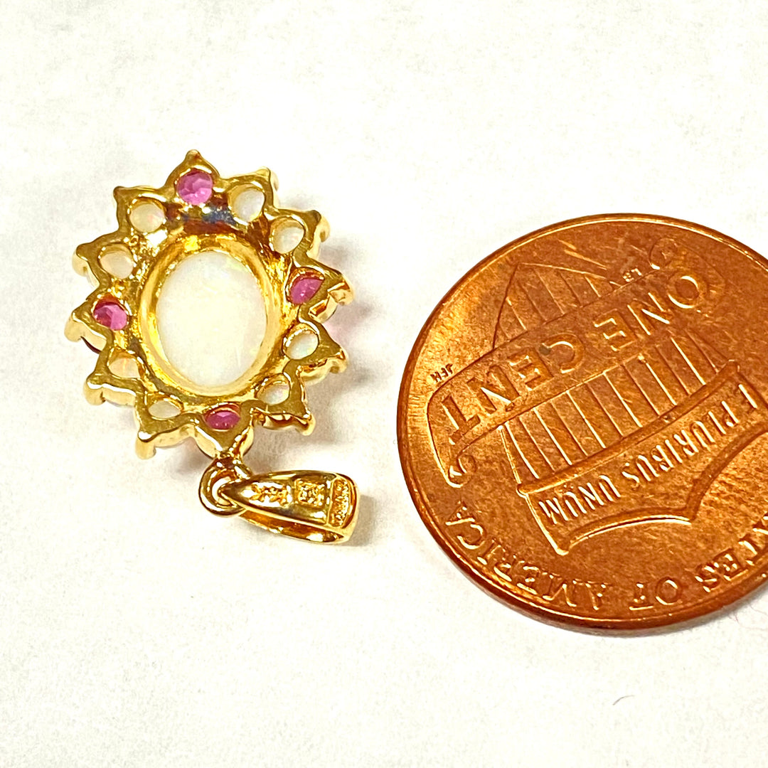 u506 Vintage 14k Yellow Gold Opal Rubellite Genuine Stones Flower Pendant Charm