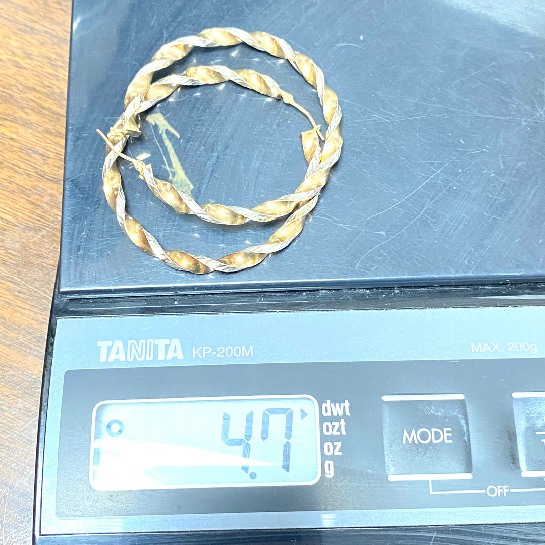 u509 Vintage 14K White & Yellow Gold Fancy Round Twisted Hoop Dangle Earrings