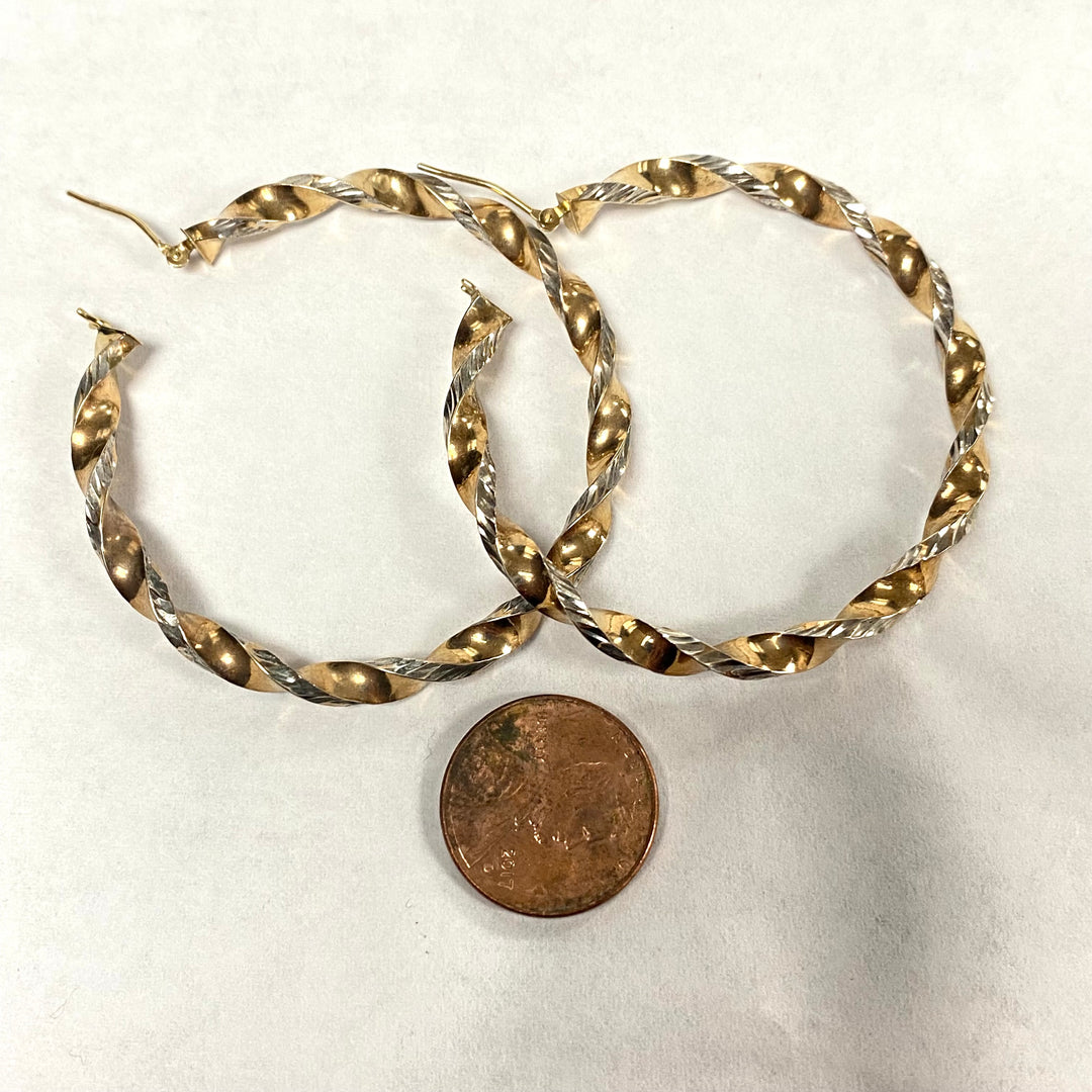 u509 Vintage 14K White & Yellow Gold Fancy Round Twisted Hoop Dangle Earrings