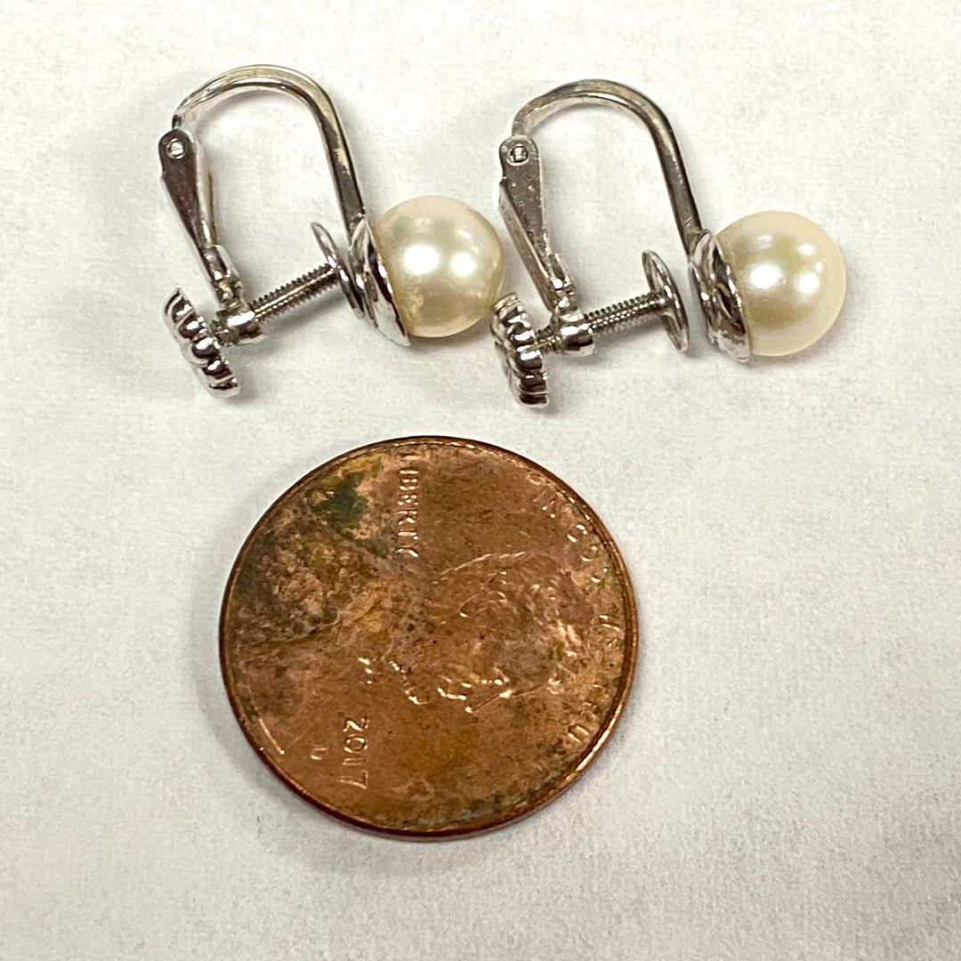 u512 Vintage 14K White Gold Fancy Round Pearl Earrings