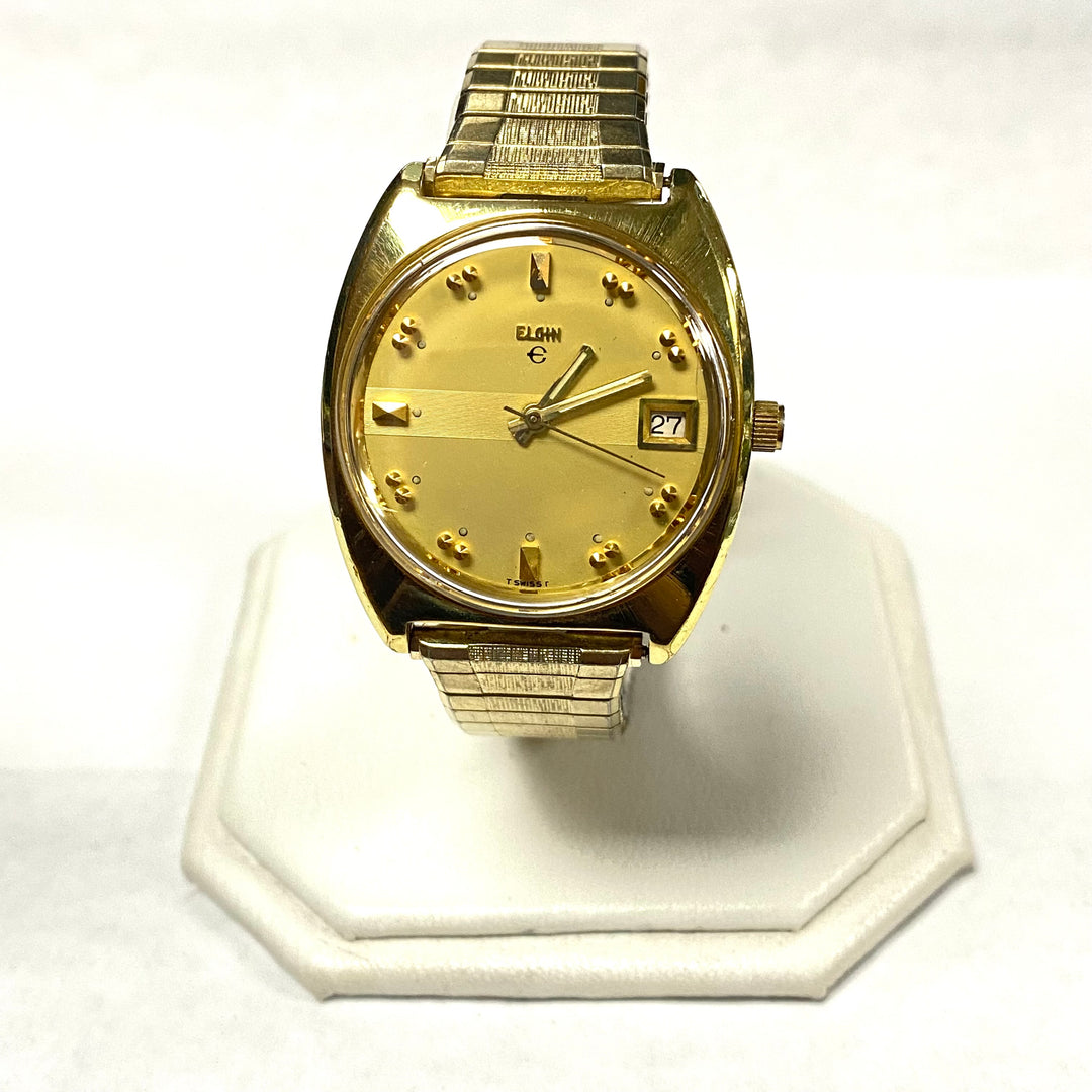 u517 Vintage ELGIN Swiss Mechanical Stainless Steel Gold Tone Wrist Watch 1970's