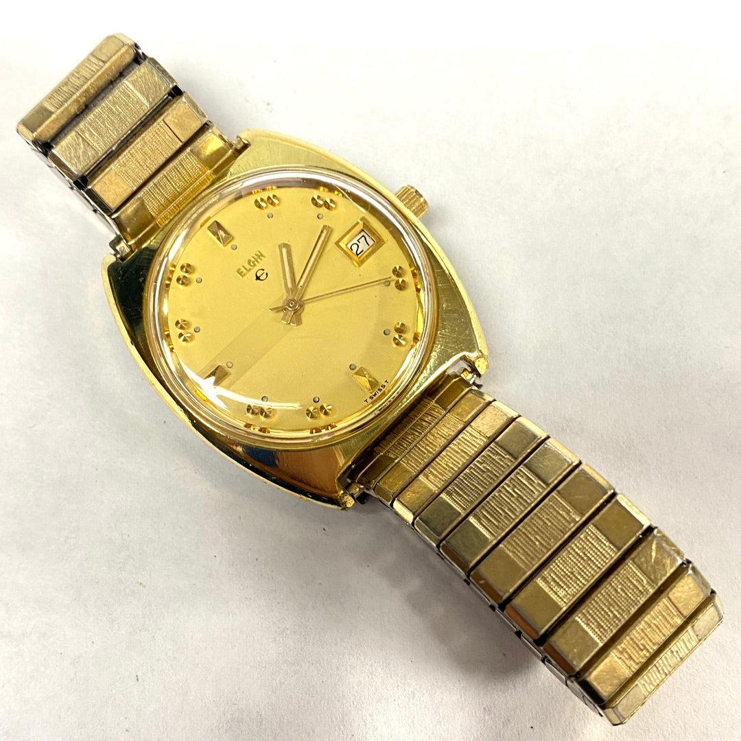 u517 Vintage ELGIN Swiss Mechanical Stainless Steel Gold Tone Wrist Watch 1970's